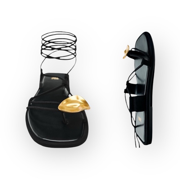 Deadstock: new Zara ❧ Embellished Flat Sandals ❧ Black Bright Gold Hardware ❧ 8M - Picture 15 of 16